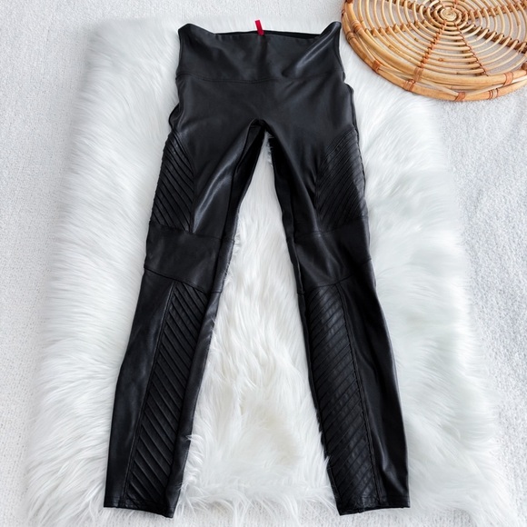 Spanx Faux Leather Moto Leggings Very Black Shaping Biker Size Large - Picture 4 of 13
